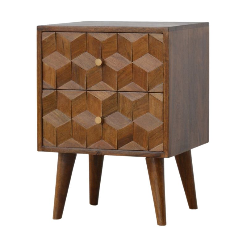 Chestnut  Solid Wood 2 Drawer Cube Carved Nightstand