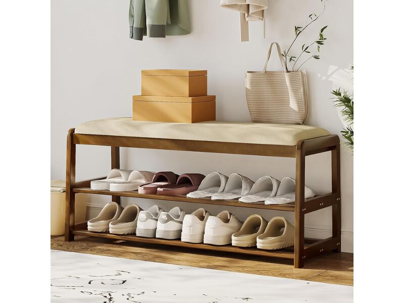 Entryway Bamboo Shoe Storage Bench 2 Tier Walnut Cushion Hidden image number 1