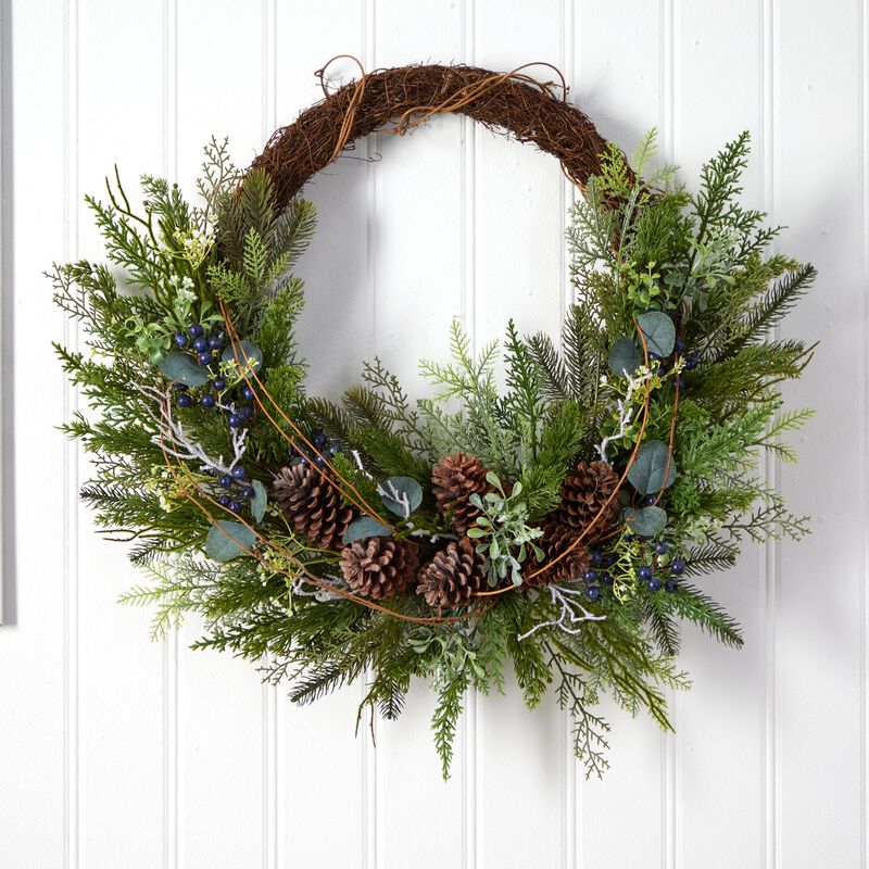 Hivvago 30" Pine and Pinecone Artificial Christmas Wreath on Twig Ring