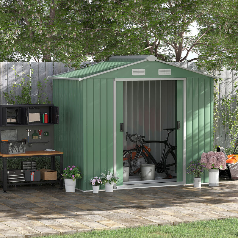 Outsunny 7' x 4' Outdoor Storage Shed, Garden Tool House with Foundation, 4 Vents and 2 Easy Sliding Doors for Backyard, Patio, Garage, Lawn, Light Green