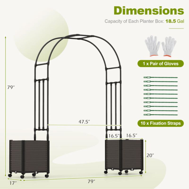 Hivvago 6.6 Feet Garden Arch Trellis with 2 Planter Boxes and Lockable Wheels