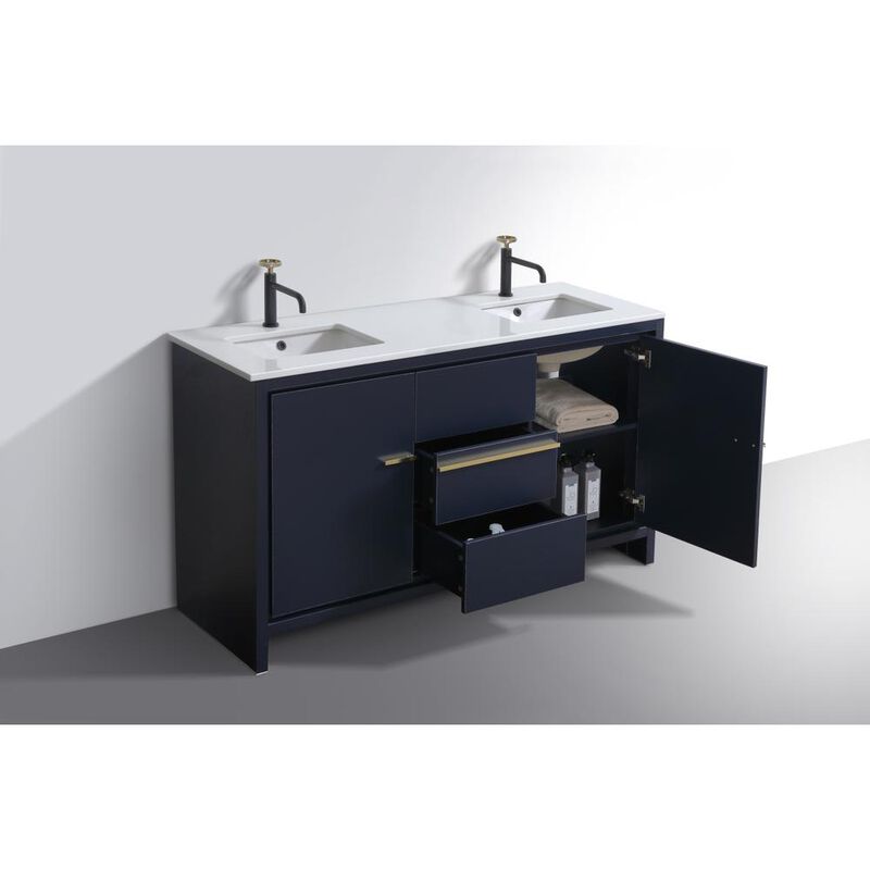 Kubebath 60&Prime; Double Sink Blue  Modern Bathroom Vanity with White Quartz Counter-Top