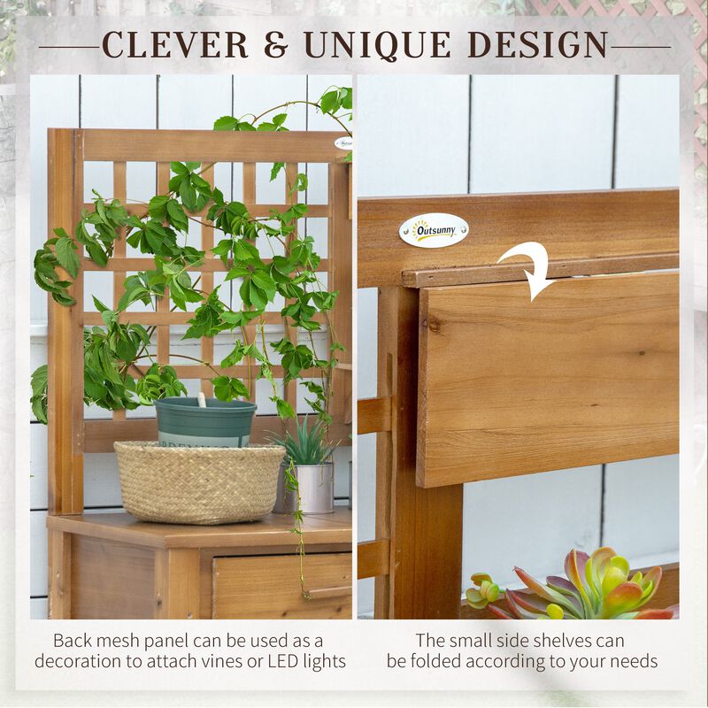 Brown Garden Station: Wooden Potting Bench with Shelves and Drawer
