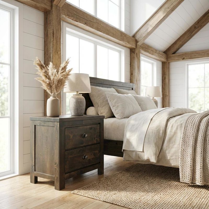 Rustic Gray Solid Wood Nightstand with Classic Design for Bedroom image number 1