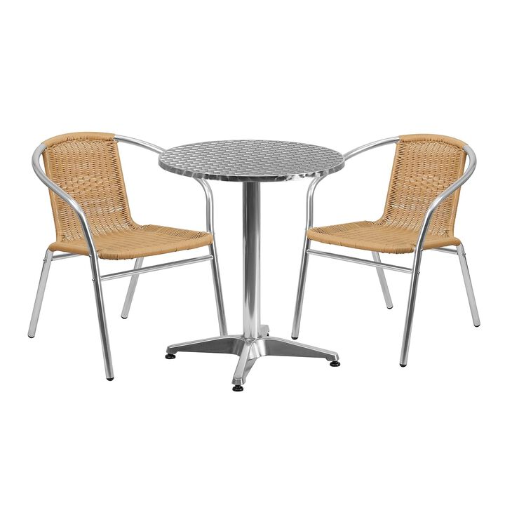 Flash Furniture Lila 23.5'' Round Aluminum Indoor-Outdoor Table Set with 2 Beige Rattan Chairs