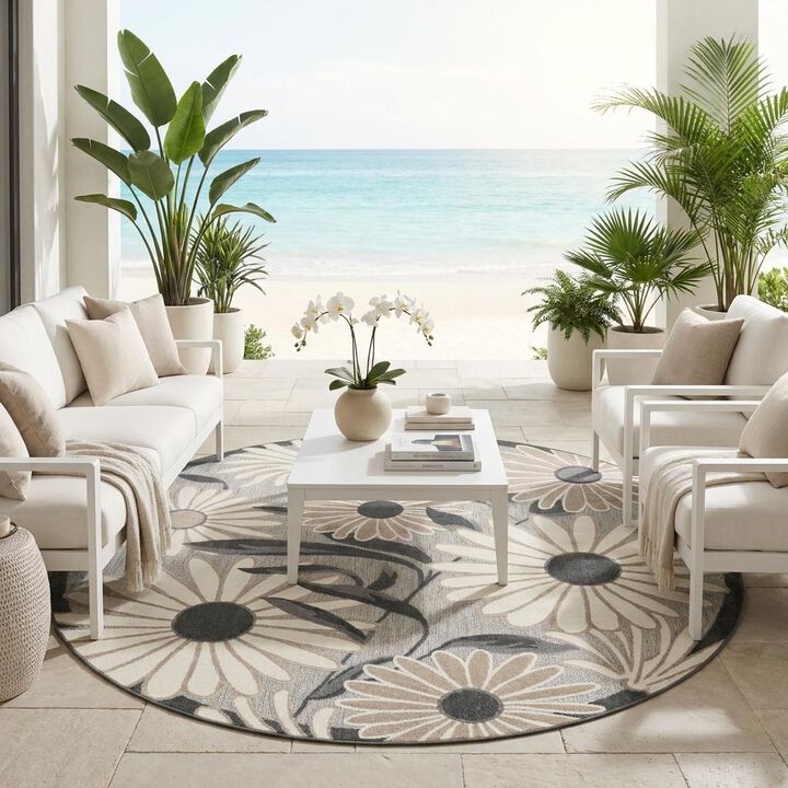 HomeRoots Round Floral Indoor Outdoor Area Rug