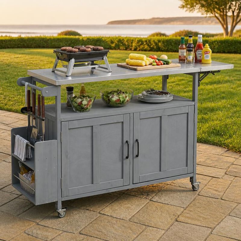 ELEMENT ACE Portable Foldable Outdoor Kitchen Island Mobile Patio Kitchen Cart with Lockable Wheels, Storage Cabinet and Towel Rack for Outdoor Cooking image number 2