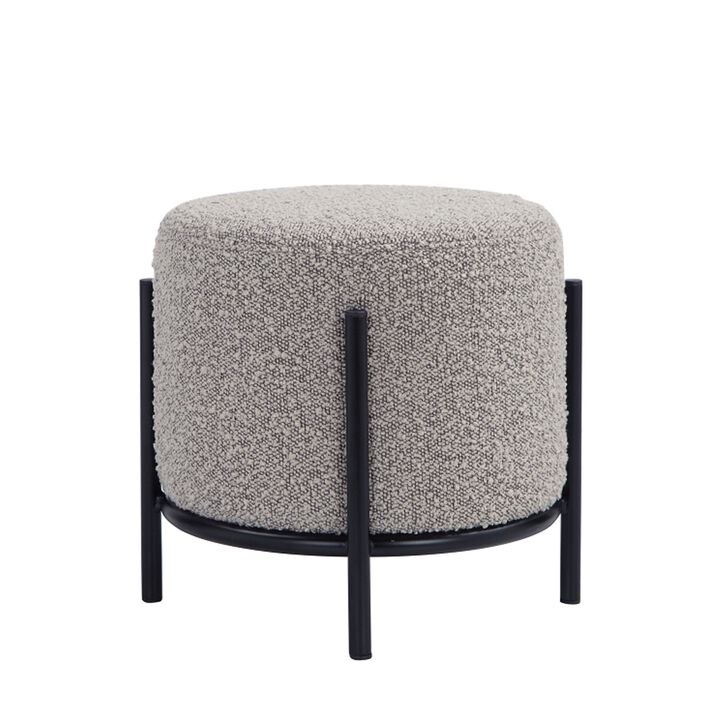 Aop 13 Inch Boucle Ottoman Stool, Round Cushioned Seat, Gray Boucle, Black - Benzara