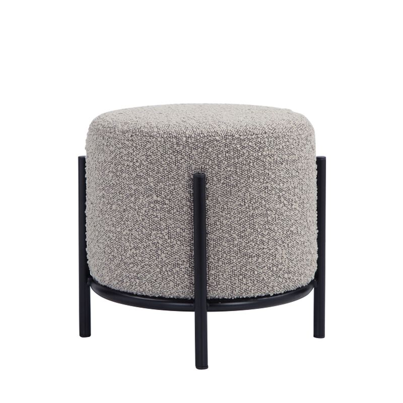 Aop 13 Inch Boucle Ottoman Stool, Round Cushioned Seat, Gray Boucle, Black - Benzara