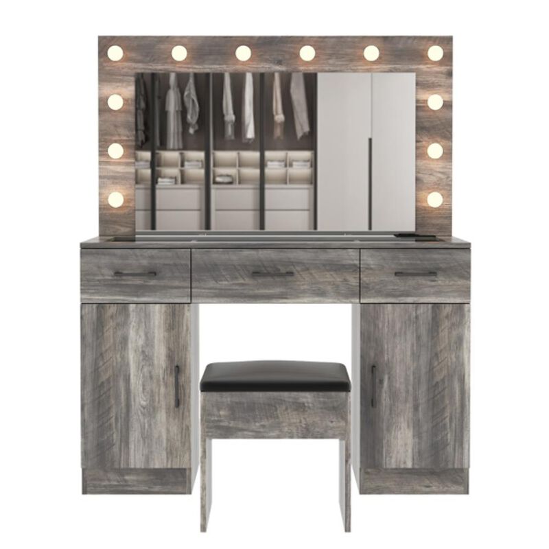 Vanity Desk Set with Large Lighted Mirror – Elegant Makeup Table with LED Mirror, Stool, and Storage Drawers