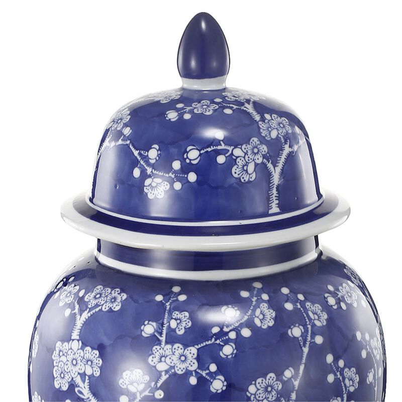 18 Inch Porcelain Ginger Jar, Finial Lid and Round Curved, Blue Flowers-Benzara