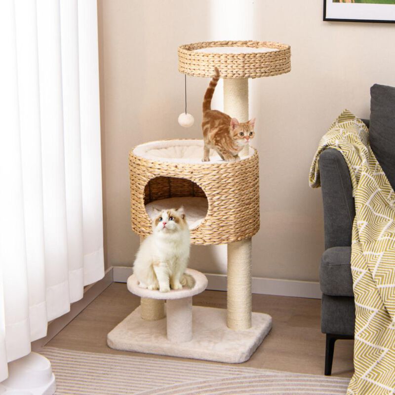 Hivvago Modern Cat Tower Cat Tree with Top Perch Cattail Fluff Condo