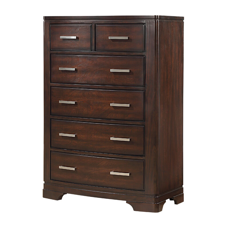Hudy Tall Dresser Chest with 6 Drawers, Cherry Brown Birch Veneer - Benzara
