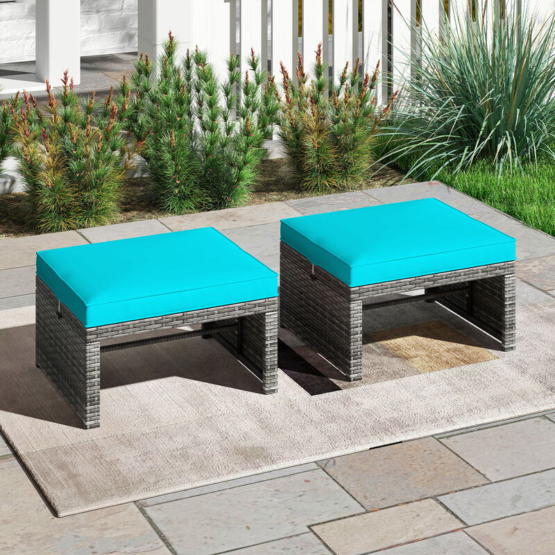 2 Pieces Patio PE Rattan Ottomans with Soft Zippered Cushions for Deck