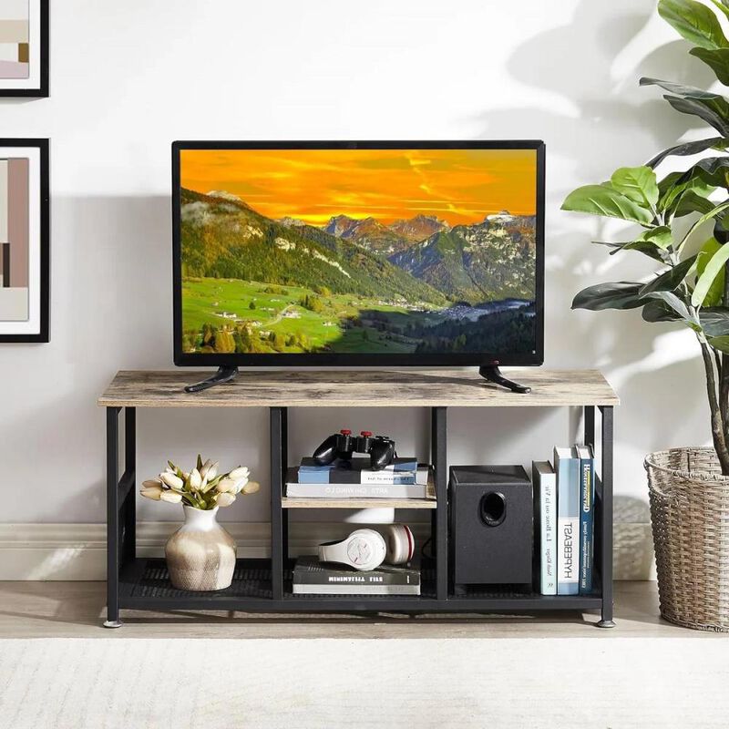 Hivvago Industrial Modern Metal Wood TV Stand with Media Storage Shelf