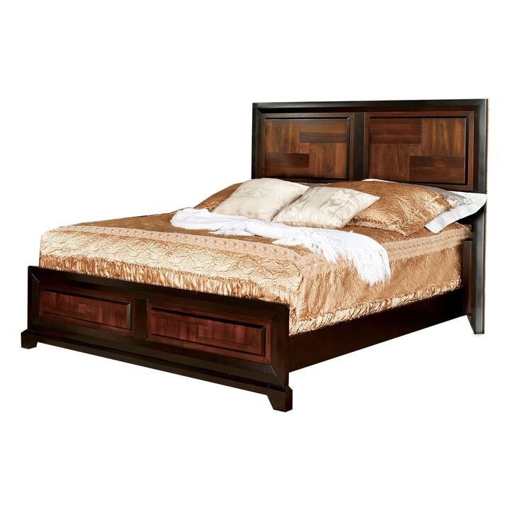 Full Size Wooden Transitional Bed with Parquet Pattern, Brown - Benzara