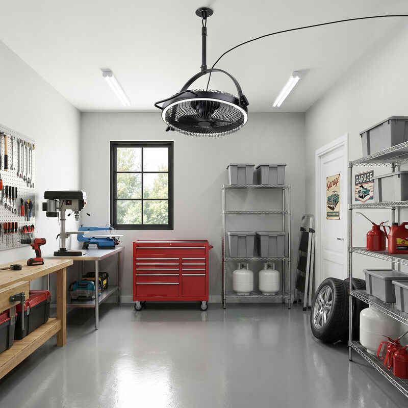 20" Matte Black Dual Hanging Rotatable LED Ceiling Fan with Light and Remote for Garage or Workspace image number 2