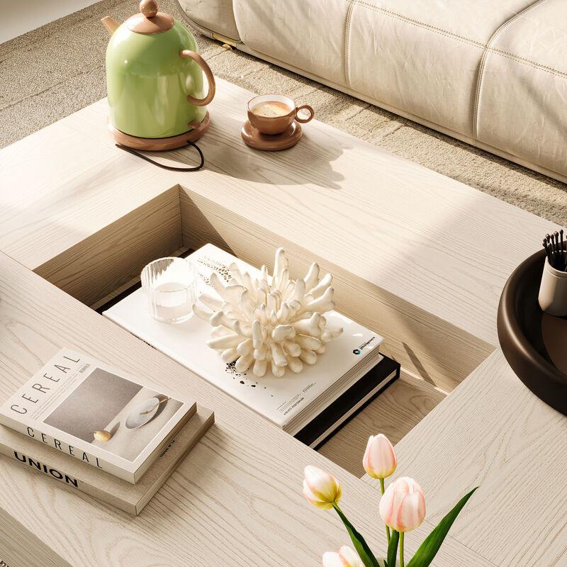 FUFU&GAGA Modern White Wood Coffee Table &ndash; Solid Wood, Spacious Tabletop with Built-in Storage, Sturdy Frame (47.2" W x 35.4" D x 15.8" H), White