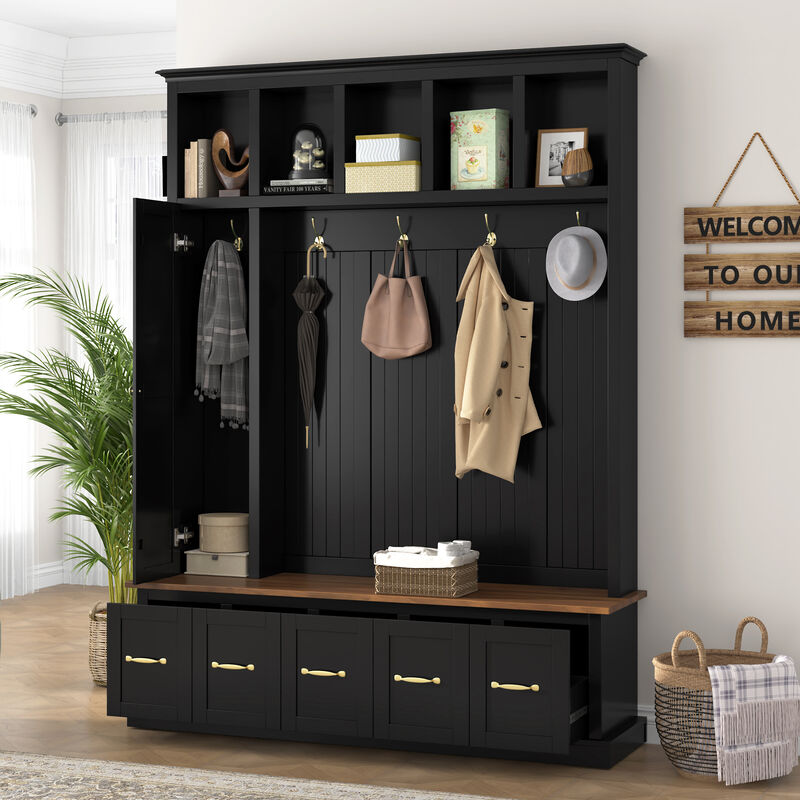 Merax 4-in-1 Entryway Hall Tree with Storage Bench, Hanging Hooks, Open Cubbies & Drawers image number 2