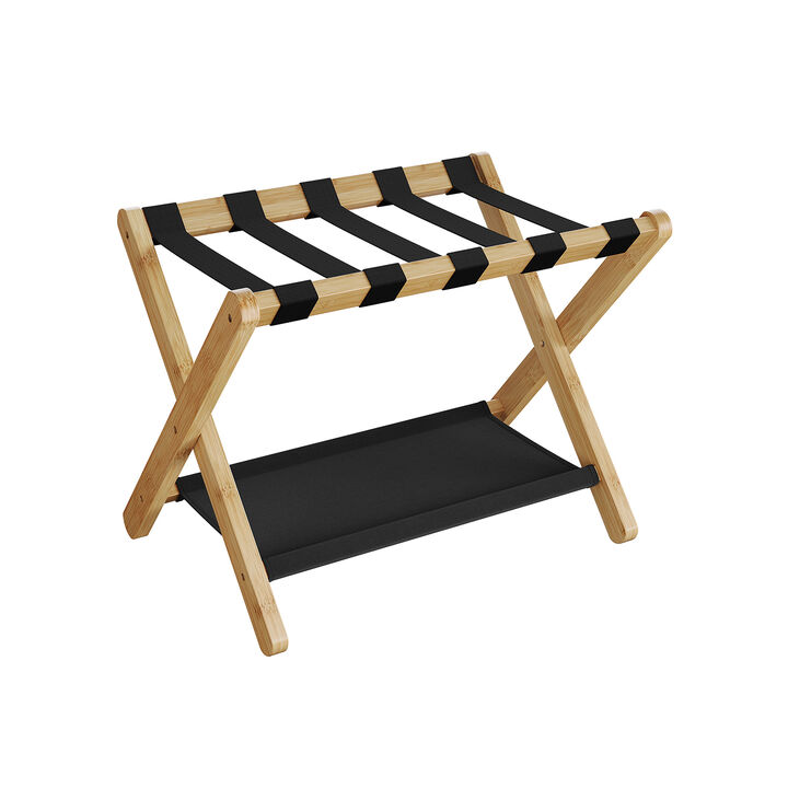 Foldable Suitcase Stand with Shelf – Guest Room Luggage Rack with Strong Nylon Straps