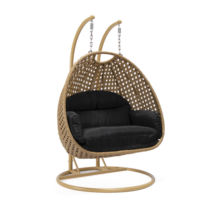 LeisureMod Mendoza Light Brown Wicker Hanging 2 person Egg Swing Chair Removable Cushion With Iron Base