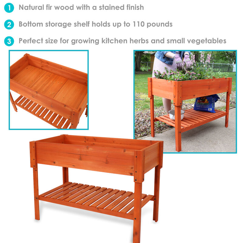 Sunnydaze Stained Wooden Raised Garden Bed Planter Box with Shelf - 42 in