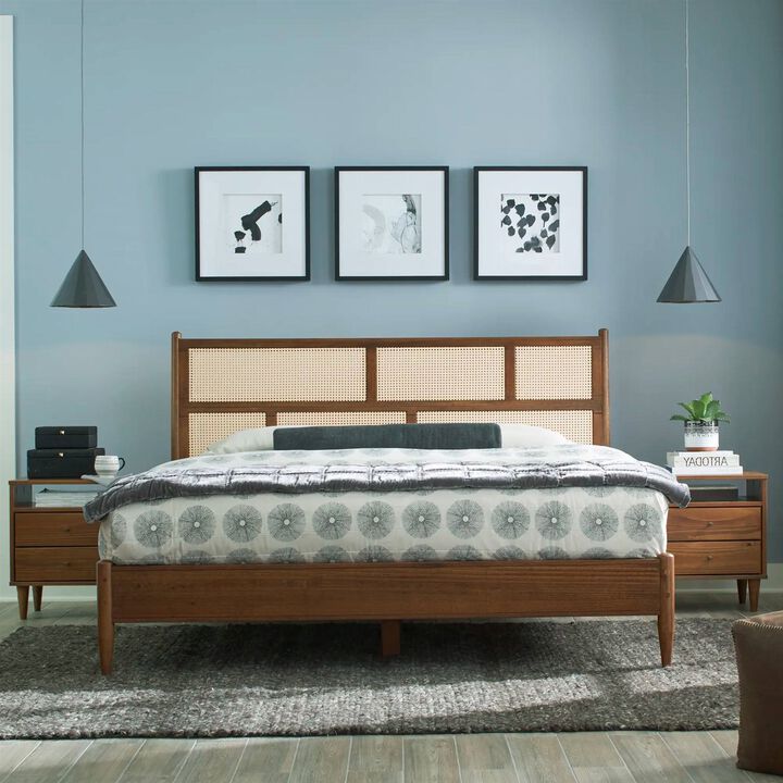 Hivvago Queen Size Hardwood Platform Bed Frame with Cane Paneling Headboard in Walnut