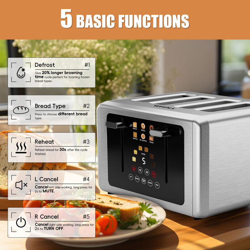 WHALLULTRA Toaster 4 Slice,Touchscreen Toaster with 6 Bread Types & 6 Shade Settings, Stainless Still 2 slice Toaster image number 2