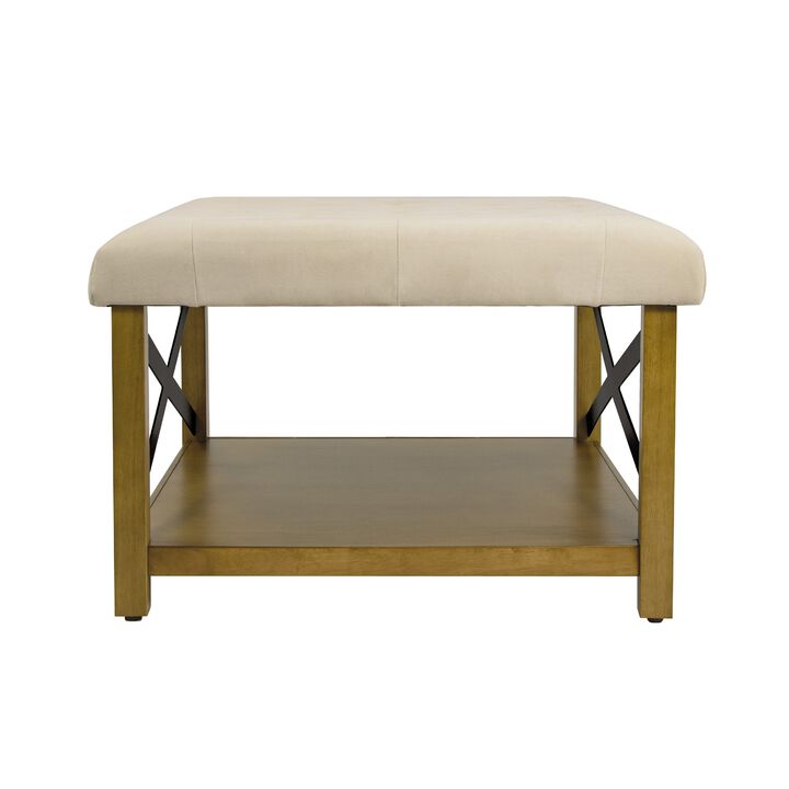 Ottoman with Open Storage, Wood Legs, Cream Tufted Microfiber 30 Inch - Benzara