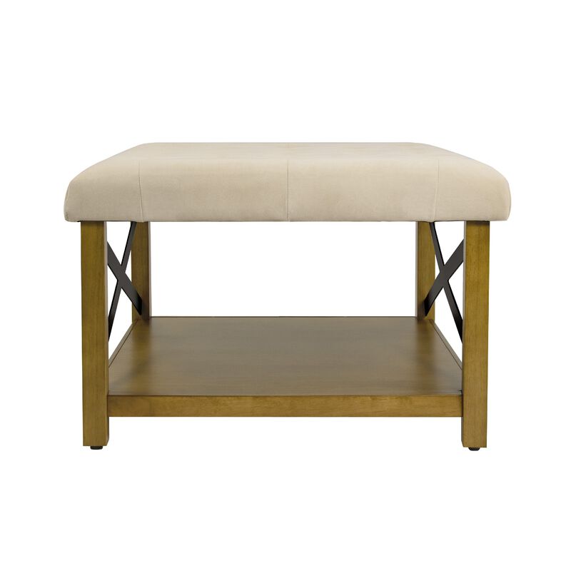 Ottoman with Open Storage, Wood Legs, Cream Tufted Microfiber 30 Inch - Benzara