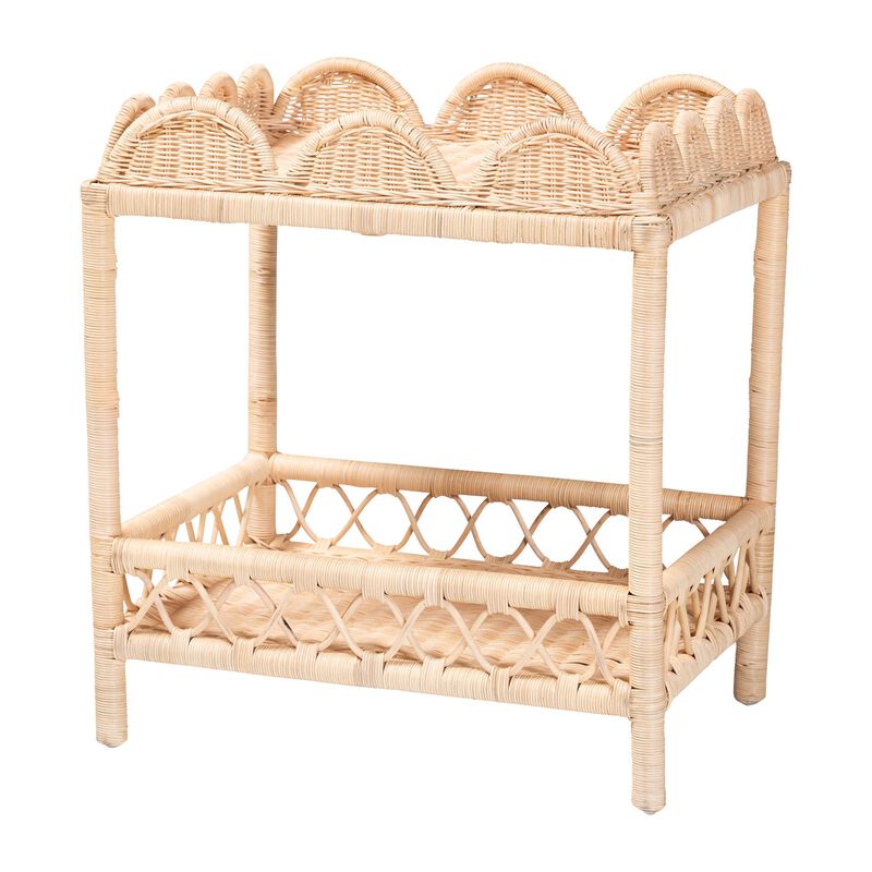 bali & pari Eloisa Natural Rattan End Table - Handwoven Wicker 2-Tier Side Table with Scalloped Border for Living Room or Bedroom