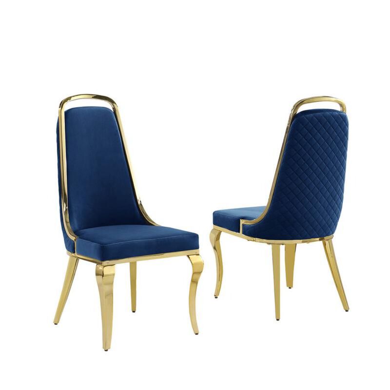 Best Quality Furniture Navy Blue Velvet High Back Chair With Gold Chrome Trim, Set Of 2