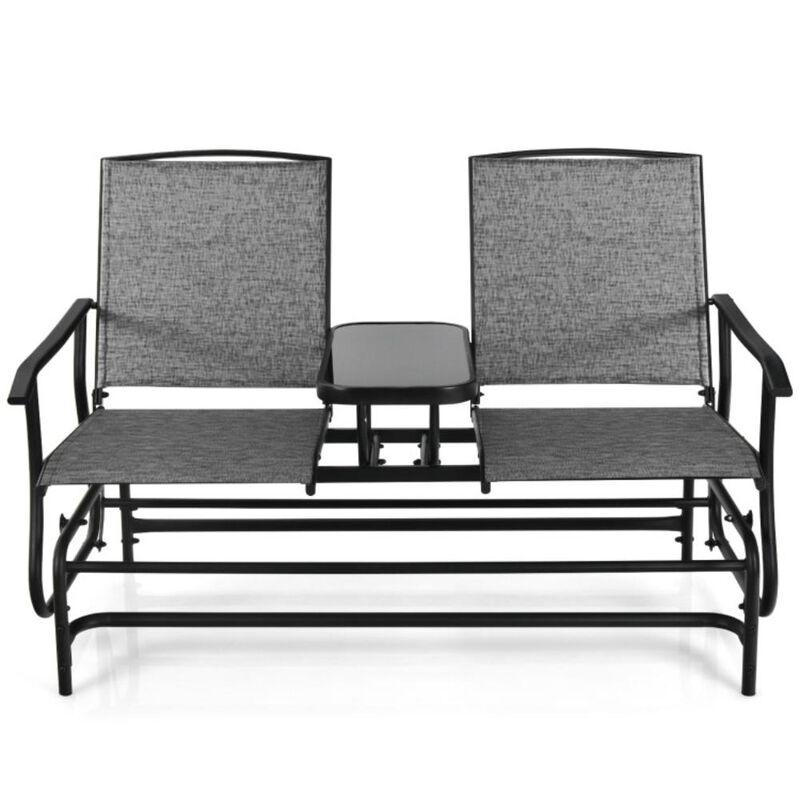 Hivvago 2-Person Double Rocking Loveseat with Mesh Fabric and Center Tempered Glass Table