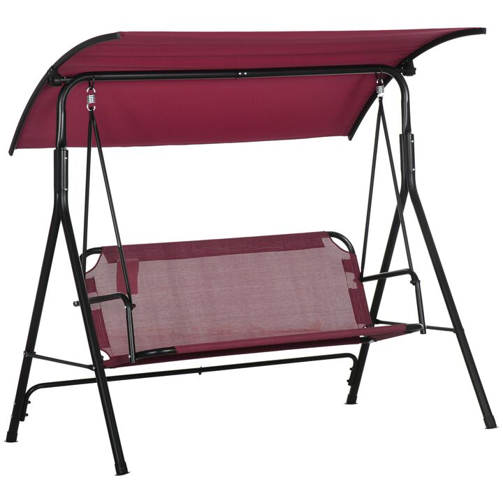 3-Person Porch Swing Bench with Stand & Adjustable Canopy, Armrests, Steel Frame for Outdoor, Garden, Patio, Porch & Poolside, Wine Red