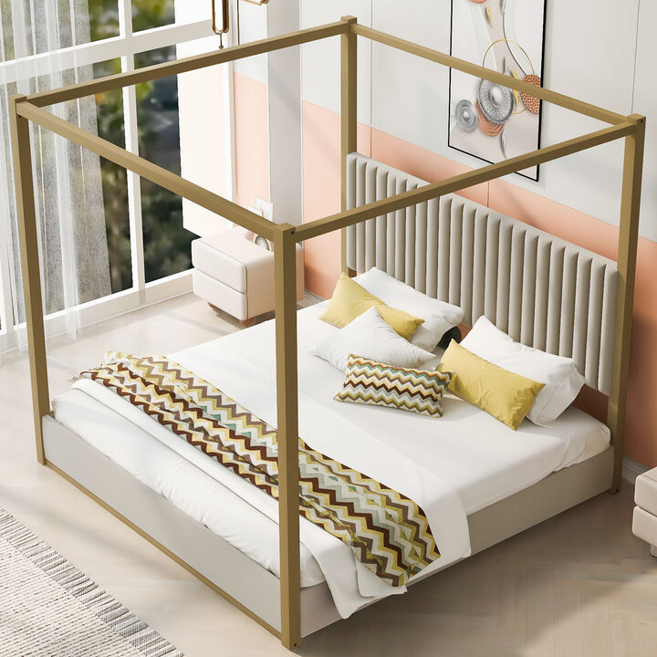 Whisen King Size Upholstered Canopy Platform Bed, Velvet & Metal, 83"x79.3", for Master Bedroom