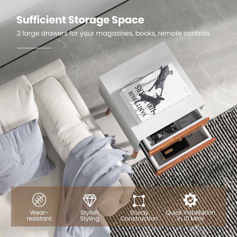 Wooden Nightstand Mid-Century End Side Table with 2 Storage Drawers