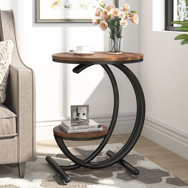 Small Accent End Table with C-Shaped Frame, 2-Tier Side Table