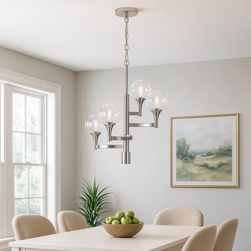 Chandelier with 4 Globe Glass Shades and Cone Design Holders, Chrome - Benzara image number 7