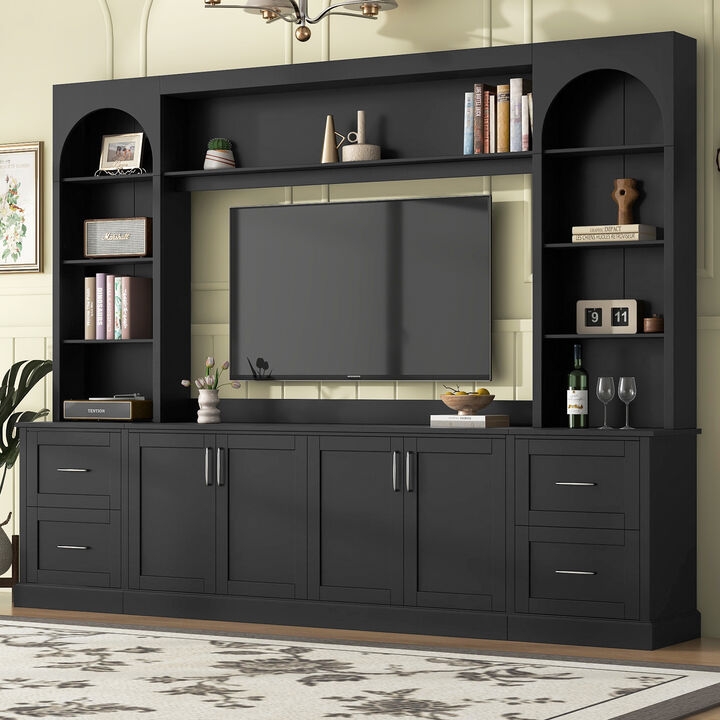 Merax All-in-One TV Stand with Arched Design, 4 Drawers, Adjustable Shelves, Built-in Cable Holes