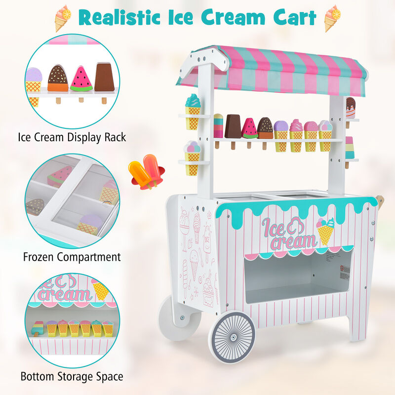 Kid's Ice Cream Cart Playset with Display Rack, Scoops, and Accessories