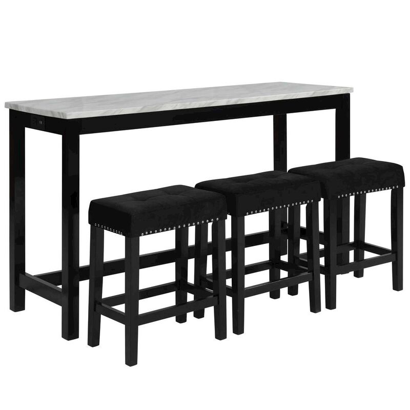 Bar Table Set, Console Table with Stools, Wood Sofa Table with Stools Black image number 0