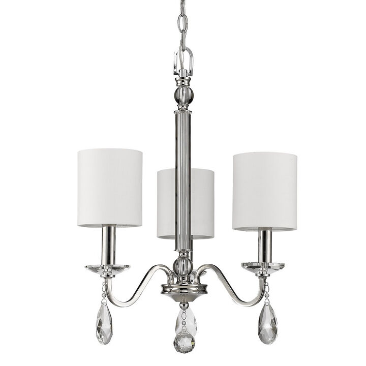 HomeRoots Silver Candle Style Three Light Metal and Crystals Dimmable Chandelier With White Shades