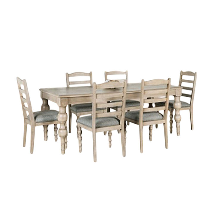 Cherie 7pc Dining Table Set, Turned Legs, 6 Fabric Chairs, Light Brown - Benzara