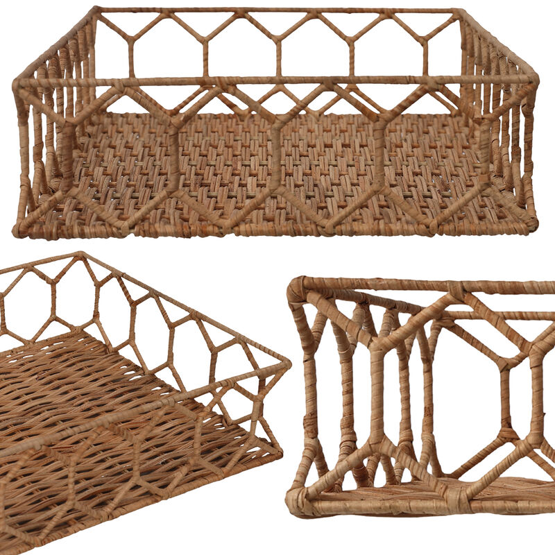 Honeycomb 19.75" Rustic Bohemian Hand-Woven Rattan Tray