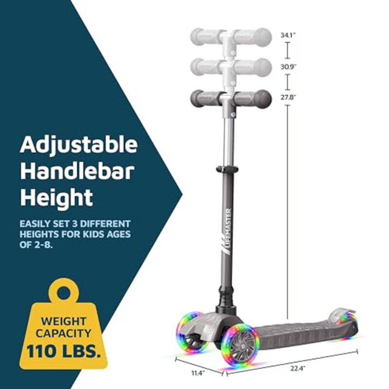 Lifemaster 3-Wheel Kids Scooter with LED Wheels, 4-Level Adjustable Handlebar, Anti-Slip Deck, Safety Certified, Ages 2+, Supports 110 lbs, GrayToy image number 6