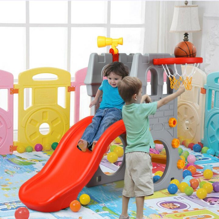 Hivvago 5 in 1 Toddler Climber Slide Playset with Basketball Hoop and Telescope