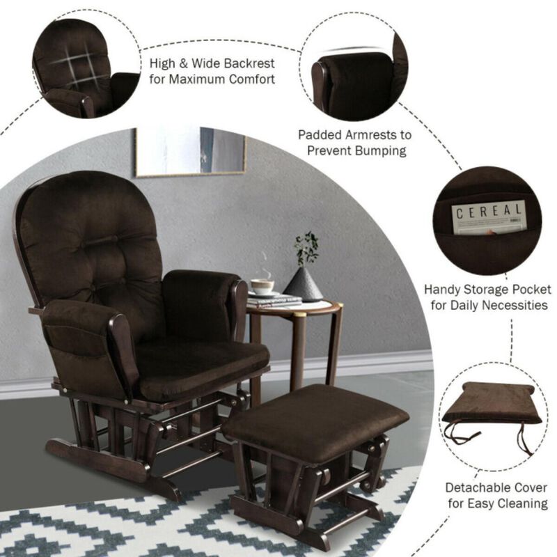 Hivvago Wood Glider and Ottoman Set with Padded Armrests and Detachable Cushion-Brown