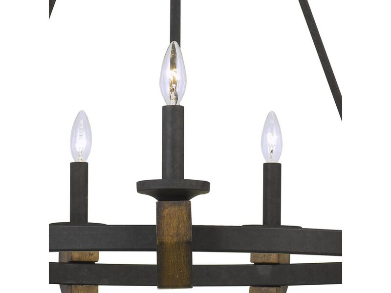 9 Bulb Round Metal Chandelier with Candle Lights and Wooden accents, Black - Benzara image number 4