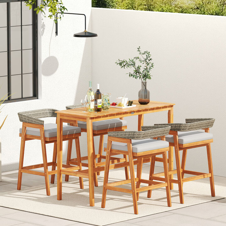 Patio Bar Set with Counter Height Table and 4 Cushioned Barstools-Grey