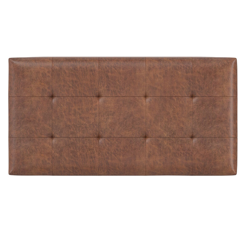 Cosmopolitan 34 inch Wide Transitional Rectangle Storage Ottoman in Distressed Saddle Brown Vegan Faux Leather, Assembled image number 5